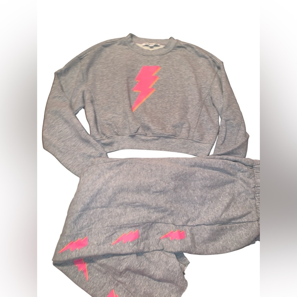 Celebrity Pink crop Sweatshirt and Jogger Set with Pink Lightning Bolt